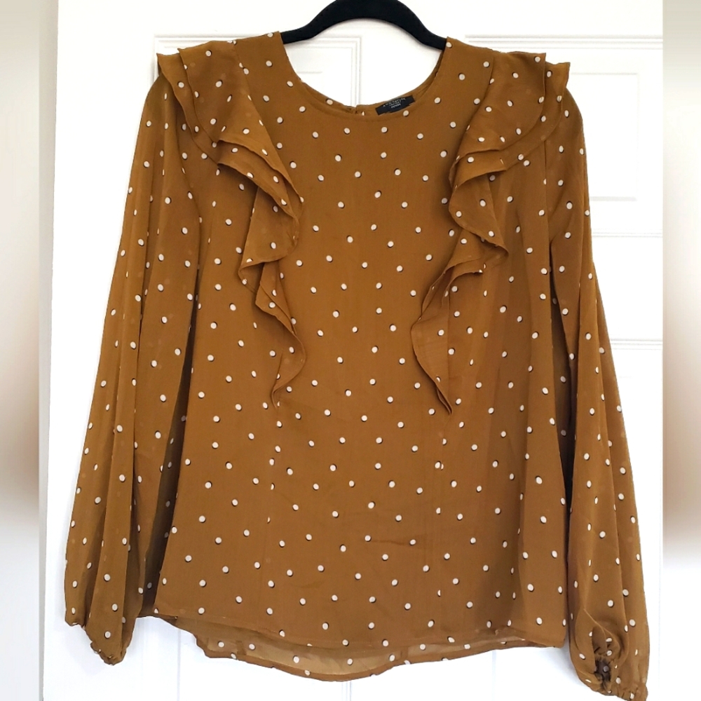✨ Ann Taylor Factory Petite Brown/Mustard Polka Dot Ruffle Blouse – Size LP ✨